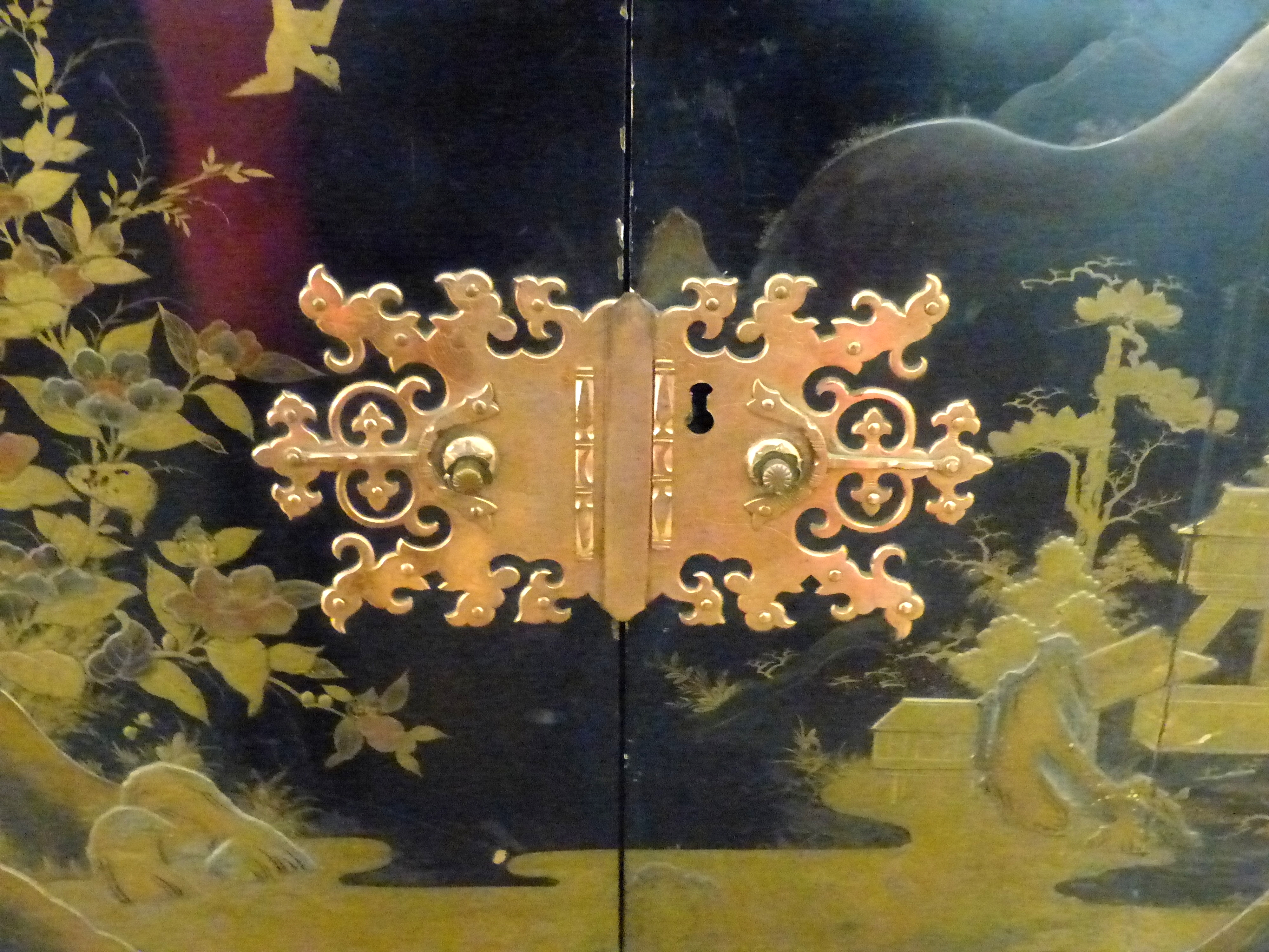Chinese lacquer box with ornate lock hardware